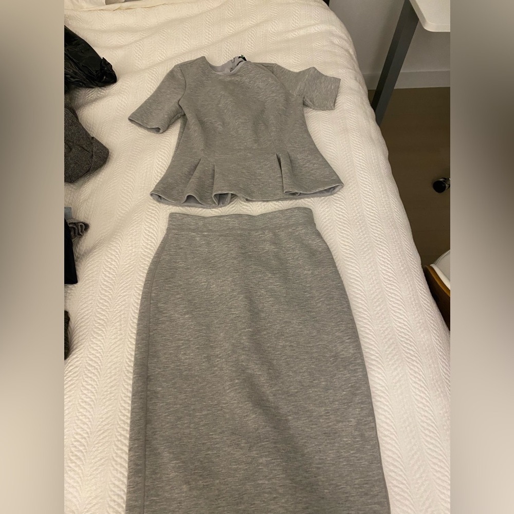 Womens Ann Taylor SP heather grey peplum top & midi skirt set